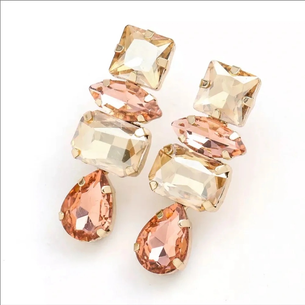 Geometric Champagne Rhinestone Drop Earrings - Picture 1 of 3